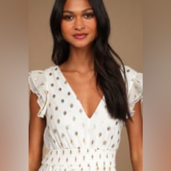 Lulu’s Cause to Celebrate White & Gold Dot Ruffled Tiered MIDI Dress Size M - Picture 4 of 8